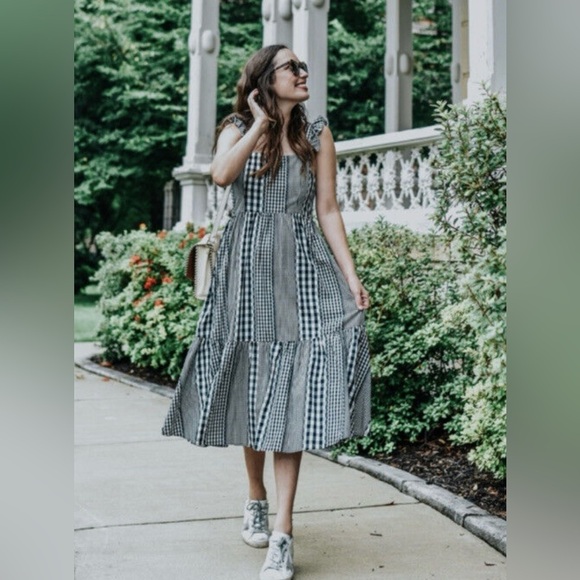 CROSBY by Mollie Burch Black and White Gingham ruffle strap midi dress size S - Picture 1 of 16